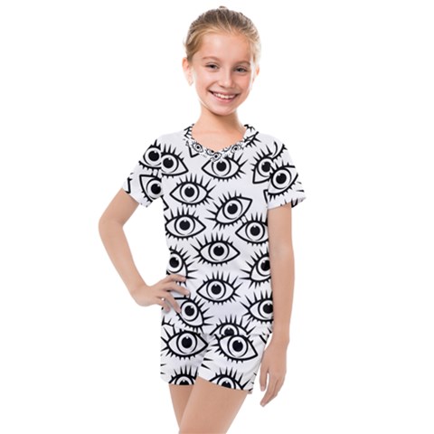 Black And White Cartoon Eyeballs Kids  Mesh Tee And Shorts Set by SpinnyChairDesigns