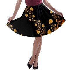 Abstract Gold Yellow Roses On Black A-line Skater Skirt by SpinnyChairDesigns