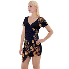 Abstract Gold Yellow Roses On Black Short Sleeve Asymmetric Mini Dress by SpinnyChairDesigns