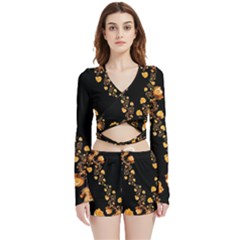 Abstract Gold Yellow Roses On Black Velvet Wrap Crop Top