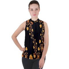 Abstract Gold Yellow Roses On Black Mock Neck Chiffon Sleeveless Top by SpinnyChairDesigns