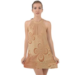 Coral Peach Intricate Swirls Pattern Halter Tie Back Chiffon Dress by SpinnyChairDesigns