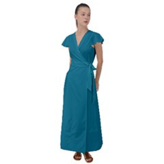 Mosaic Blue Pantone Solid Color Flutter Sleeve Maxi Dress by FlagGallery