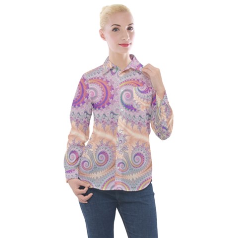 Pastel Pink Intricate Swirls Spirals  Women s Long Sleeve Pocket Shirt by SpinnyChairDesigns