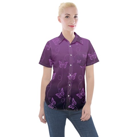 Purple Butterflies Pattern Women s Short Sleeve Pocket Shirt by SpinnyChairDesigns