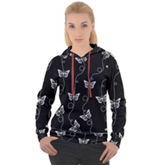 Black And White Butterfly Pattern Women s Overhead Hoodie by SpinnyChairDesigns