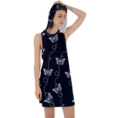 Black And White Butterfly Pattern Racer Back Hoodie Dress by SpinnyChairDesigns