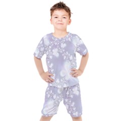 Pale Violet And White Floral Pattern Kids  Tee And Shorts Set by SpinnyChairDesigns