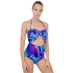 Blue Purple Abstract Stripes Scallop Top Cut Out Swimsuit by SpinnyChairDesigns