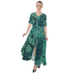 Dark Green Marbled Texture Waist Tie Boho Maxi Dress by SpinnyChairDesigns
