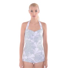 Mint Cream And White Intricate Swirl Spiral Boyleg Halter Swimsuit  by SpinnyChairDesigns