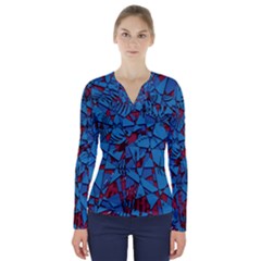 Red Blue Abstract Grunge Pattern V-neck Long Sleeve Top by SpinnyChairDesigns