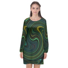 Dark Green Swirls Long Sleeve Chiffon Shift Dress  by SpinnyChairDesigns