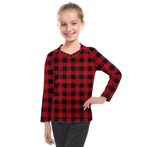 Grunge Red Black Buffalo Plaid Kids  Long Mesh Tee by SpinnyChairDesigns