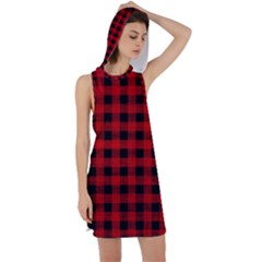 Grunge Red Black Buffalo Plaid Racer Back Hoodie Dress by SpinnyChairDesigns