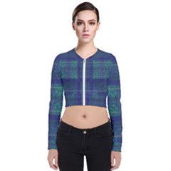 Blue Green Faded Plaid Long Sleeve Zip Up Bomber Jacket by SpinnyChairDesigns