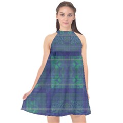 Blue Green Faded Plaid Halter Neckline Chiffon Dress  by SpinnyChairDesigns