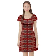 Red Grey Ikat Pattern Short Sleeve Skater Dress by SpinnyChairDesigns