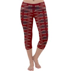 Red Grey Ikat Pattern Capri Yoga Leggings by SpinnyChairDesigns