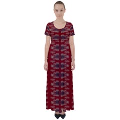 Red Grey Ikat Pattern High Waist Short Sleeve Maxi Dress by SpinnyChairDesigns