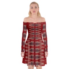 Red Grey Ikat Pattern Off Shoulder Skater Dress by SpinnyChairDesigns