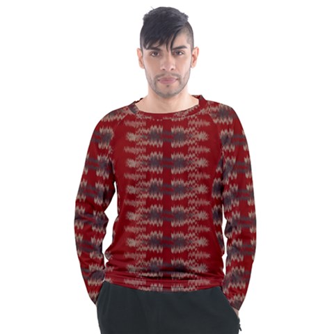 Red Grey Ikat Pattern Men s Long Sleeve Raglan Tee by SpinnyChairDesigns