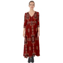 Red Grey Ikat Pattern Button Up Boho Maxi Dress by SpinnyChairDesigns