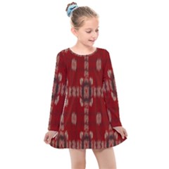 Red Grey Ikat Pattern Kids  Long Sleeve Dress by SpinnyChairDesigns