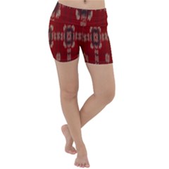 Red Grey Ikat Pattern Lightweight Velour Yoga Shorts by SpinnyChairDesigns