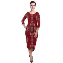 Red Grey Ikat Pattern Quarter Sleeve Midi Velour Bodycon Dress by SpinnyChairDesigns