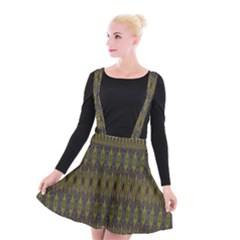 Olive Green And Blue Ikat Pattern Suspender Skater Skirt by SpinnyChairDesigns