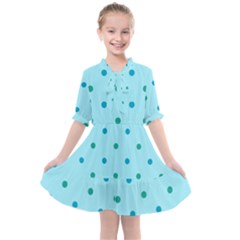 Blue Teal Green Polka Dots Kids  All Frills Chiffon Dress by SpinnyChairDesigns