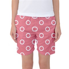 Coral Pink And White Circles Polka Dots Women s Basketball Shorts