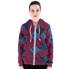 Burgundy Black Blue Abstract Check Pattern Women s Zipper Hoodie by SpinnyChairDesigns