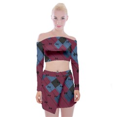 Burgundy Black Blue Abstract Check Pattern Off Shoulder Top With Mini Skirt Set by SpinnyChairDesigns