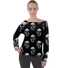 Black And White Skulls Off Shoulder Long Sleeve Velour Top