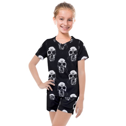 Black And White Skulls Kids  Mesh Tee And Shorts Set by SpinnyChairDesigns