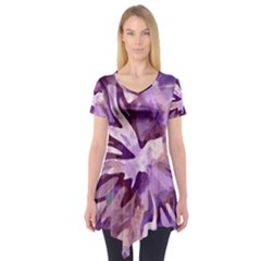 Plum Purple Abstract Floral Pattern Short Sleeve Tunic  by SpinnyChairDesigns