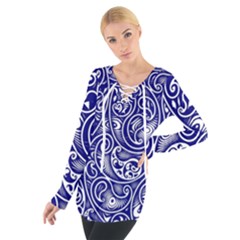 Blue White Paisley Intricate Swirls Tie Up Tee by SpinnyChairDesigns