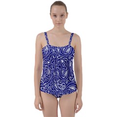 Blue White Paisley Intricate Swirls Twist Front Tankini Set by SpinnyChairDesigns