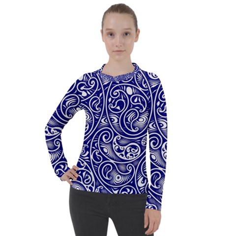 Blue White Paisley Intricate Swirls Women s Pique Long Sleeve Tee by SpinnyChairDesigns