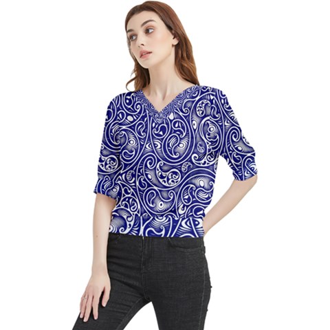 Blue White Paisley Intricate Swirls Quarter Sleeve Blouse by SpinnyChairDesigns