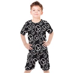 Black And White Peace Symbols Kids  Tee And Shorts Set by SpinnyChairDesigns