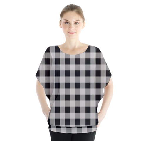 Black And White Buffalo Plaid Batwing Chiffon Blouse by SpinnyChairDesigns