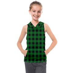 Black Dark Green Buffalo Plaid Kids  Sleeveless Hoodie by SpinnyChairDesigns