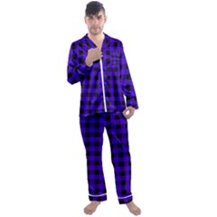 Dark Blue Black Buffalo Plaid Men s Long Sleeve Satin Pyjamas Set by SpinnyChairDesigns