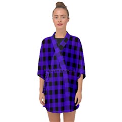 Dark Blue Black Buffalo Plaid Half Sleeve Chiffon Kimono by SpinnyChairDesigns