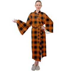 Orange Black Buffalo Plaid Maxi Velour Kimono by SpinnyChairDesigns