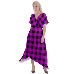 Purple Black Buffalo Plaid Cross Front Sharkbite Hem Maxi Dress by SpinnyChairDesigns