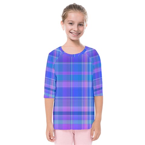 Madras Plaid Blue Purple Kids  Quarter Sleeve Raglan Tee by SpinnyChairDesigns